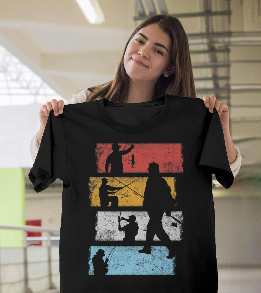 Vintage Angeln Fischen im Retro Streifen Silhouetten T-Shirt