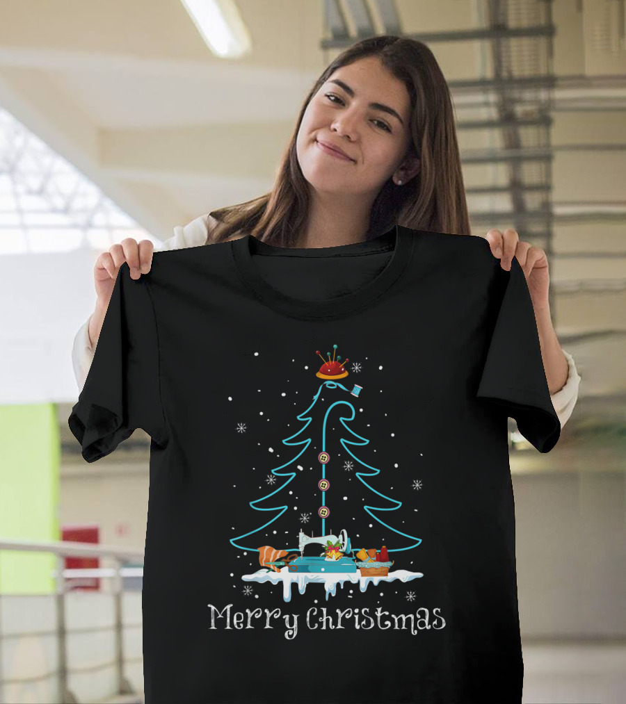 Merry Christmas Sewing Machine Tree with Buttons and Snowflakes T-Shirt