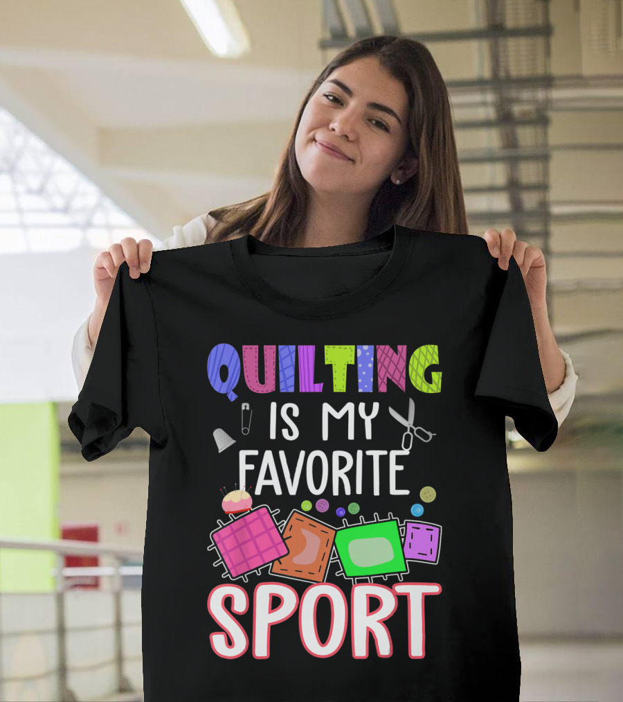 Quilting Is My Favorite Sport with Sewing Icons and Colorful Quilt Blocks T-Shirt