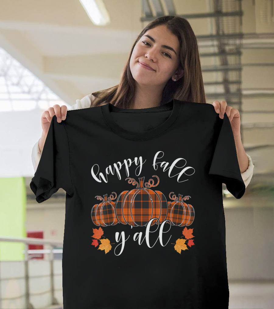 Happy Fall Y'all Pumpkin Orange Plaid with Autumn Leaves T-Shirt
