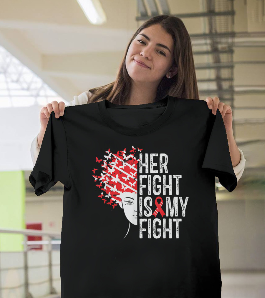 Her Fight Is My Fight Red Ribbon Butterflies Pinstripes T-Shirt