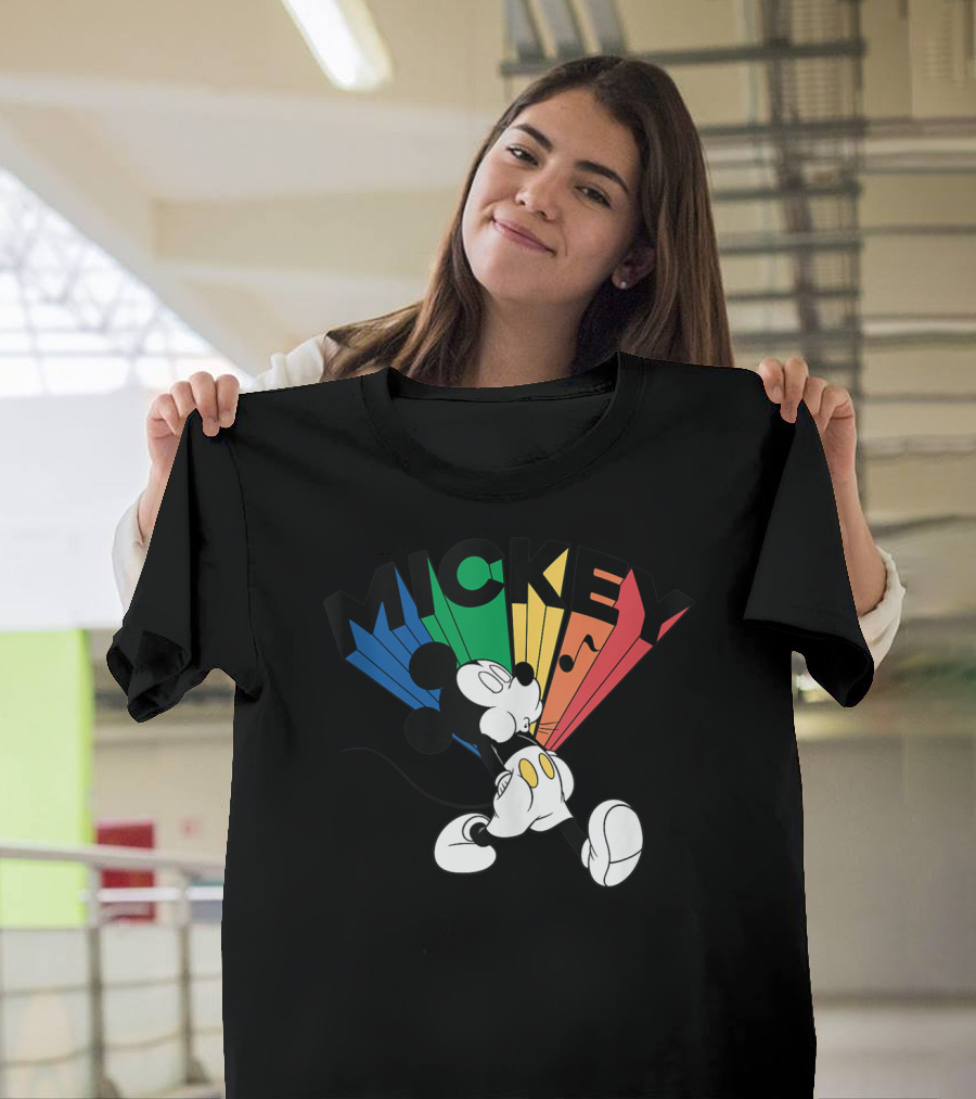Whistling Mickey Mouse Rainbow Stripes Disney T-Shirt