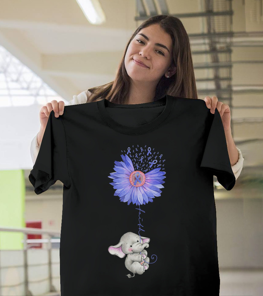 Faith Hope Purple Ribbon Elephant Holding Blue Sunflower T-Shirt