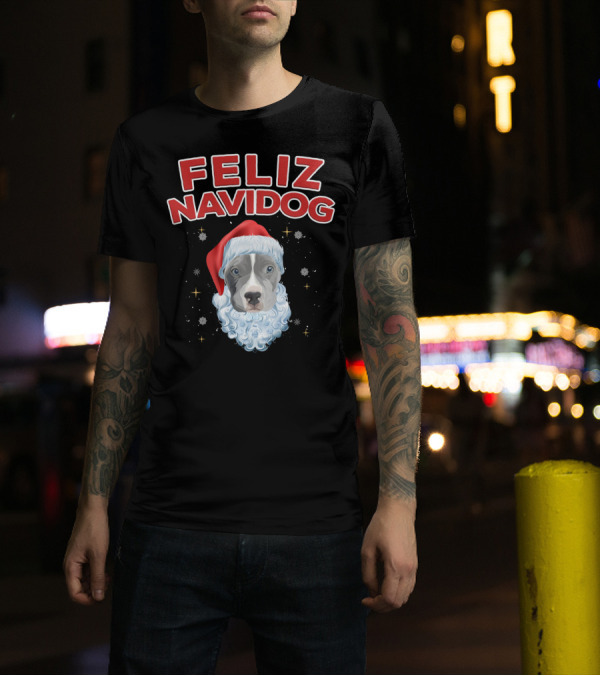 Feliz Navidog Christmas Pitbull With Santa Hat And Beard T-Shirt