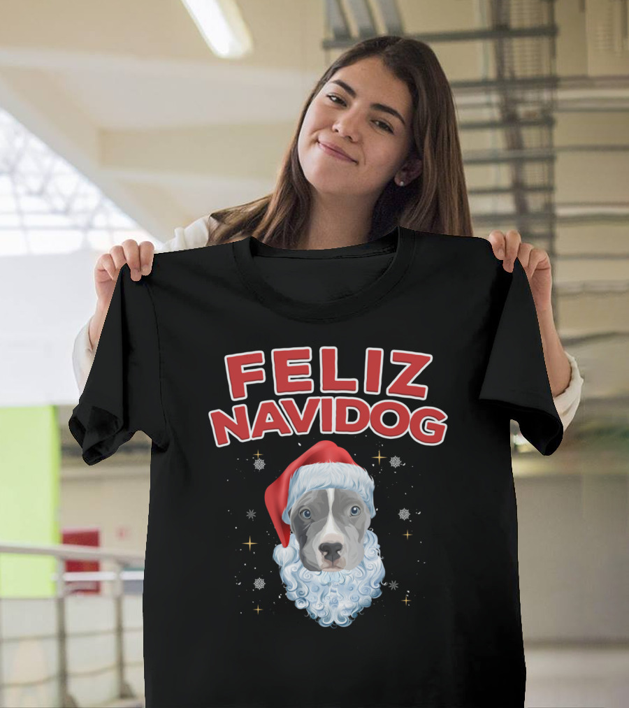 Feliz Navidog Christmas Pitbull with Santa Hat and Beard T-Shirt