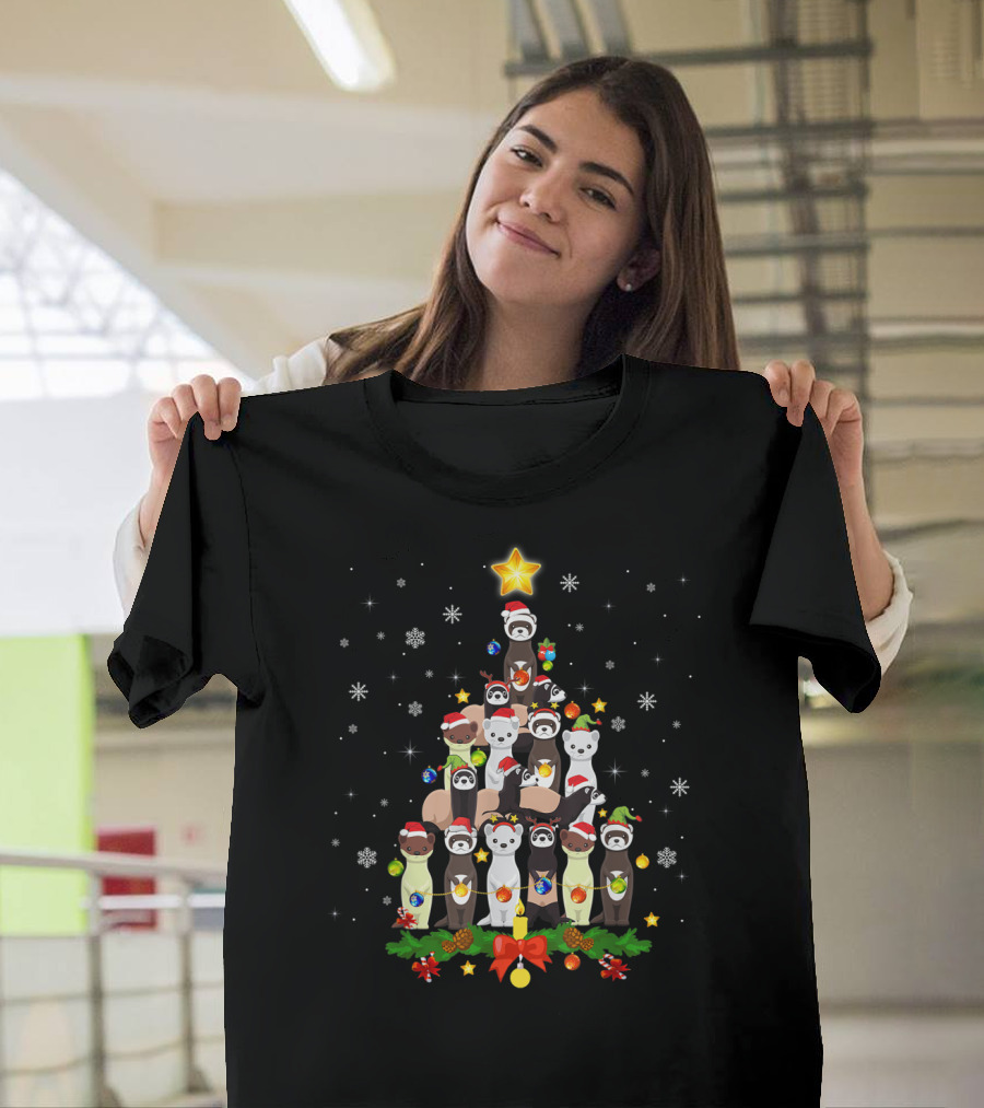 Funny Santa Hat Ferret Christmas Tree with Ornaments and Star T-Shirt