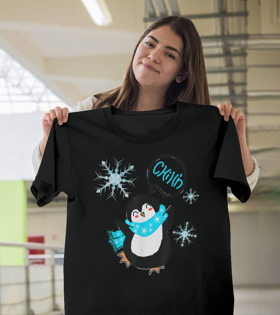Funny Penguin Dancing Snowflakes Chilln Playful Winter Scene T-Shirt