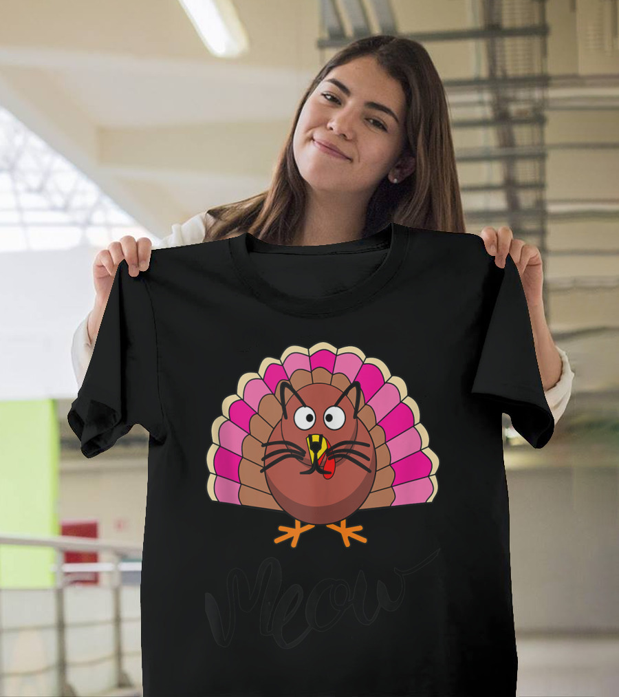 Meow Thanksgiving Turkey Cat Funny Vegetarian Vegan T-Shirt