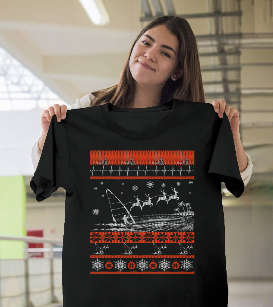 Funny Windsurfing Reindeer Snowflake Palms Holiday T-Shirt