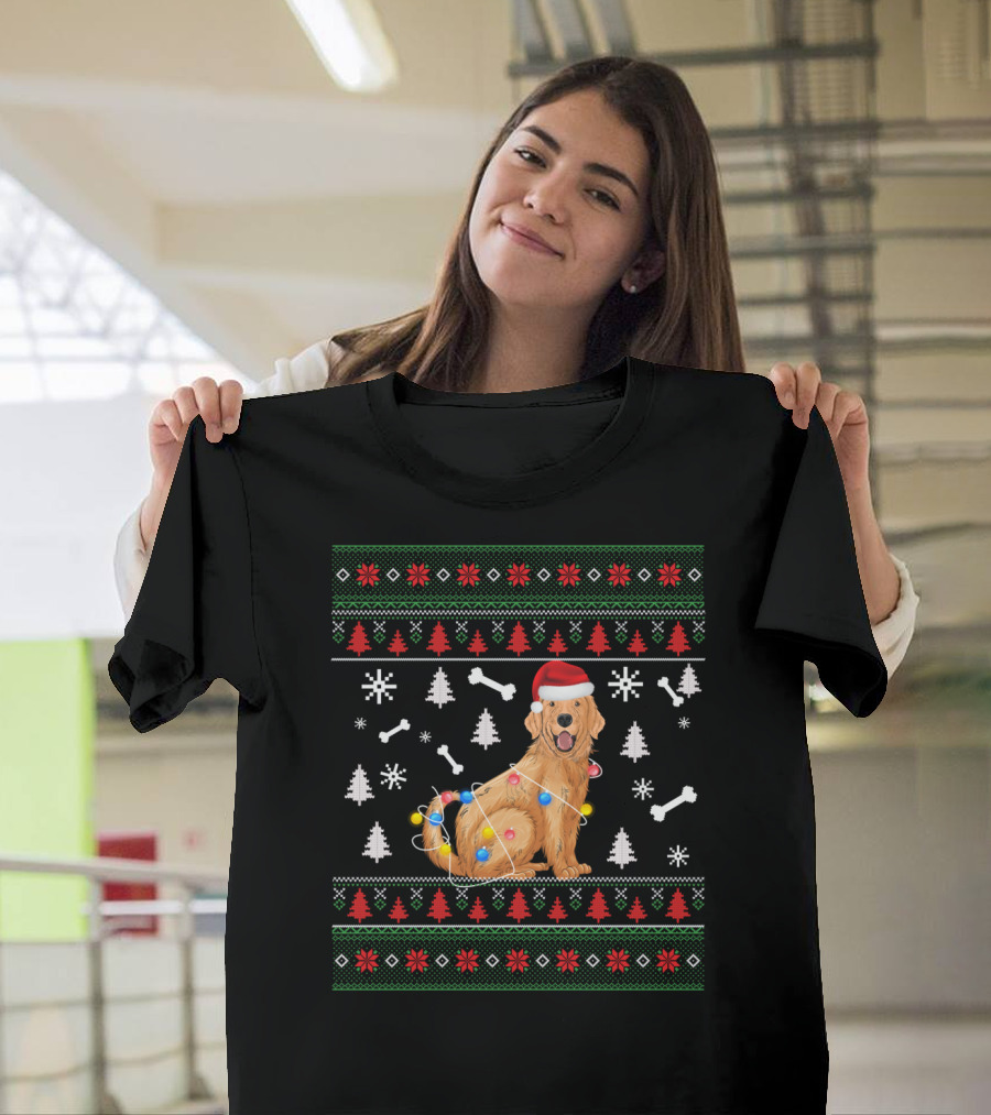 Golden Retriever Santa Hat Christmas Lights Ugly T-Shirt