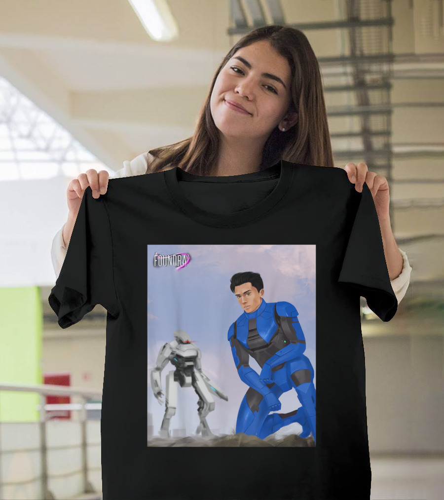 Foundra Neven in Blue Power Armor Kneeling with Mech in Background T-Shirt