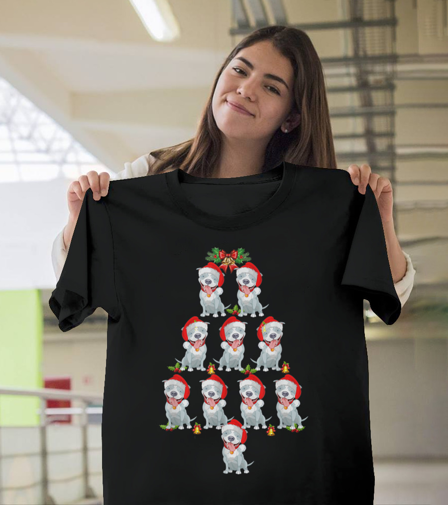 Pitbull Dog Christmas Tree Santa Hat Holiday T-Shirt