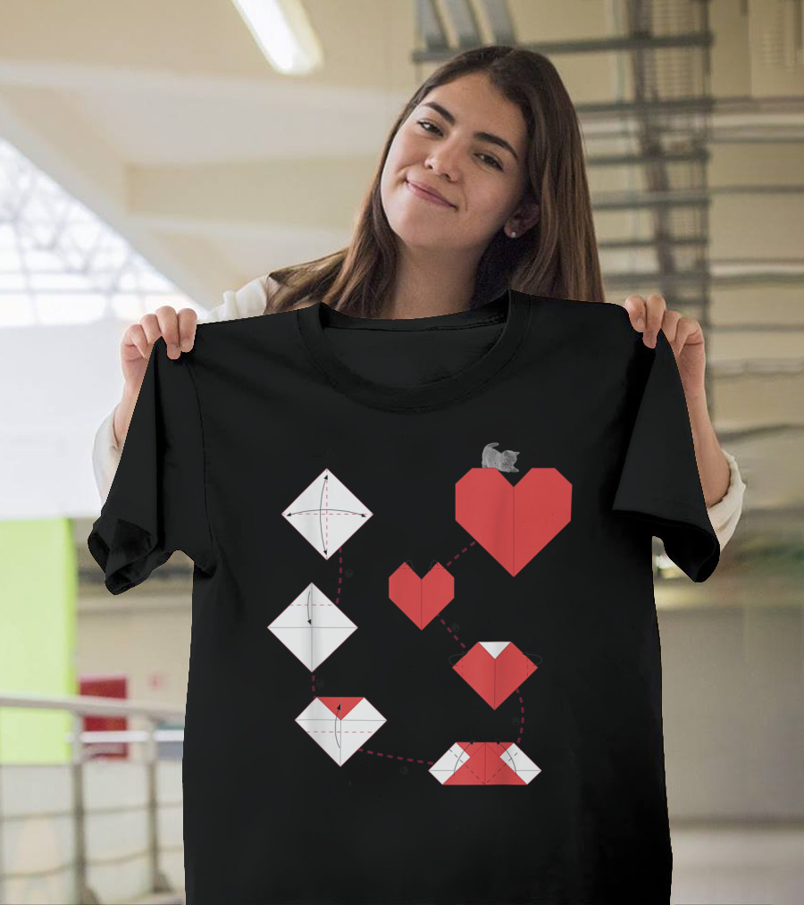 Sweet Red Heart Origami With Catkitten Transformation Steps T-Shirt