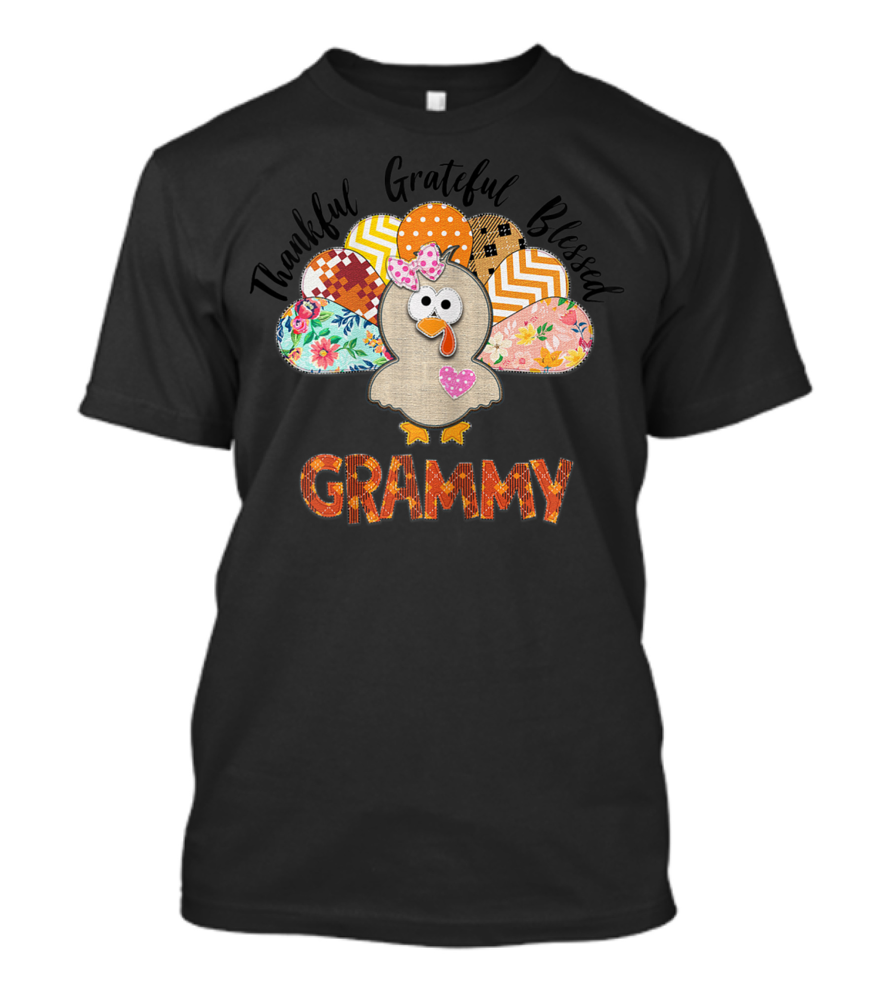 Thankful Grateful Blessed Grammy Turkey Patchwork Flowers Chevron T-Shirt