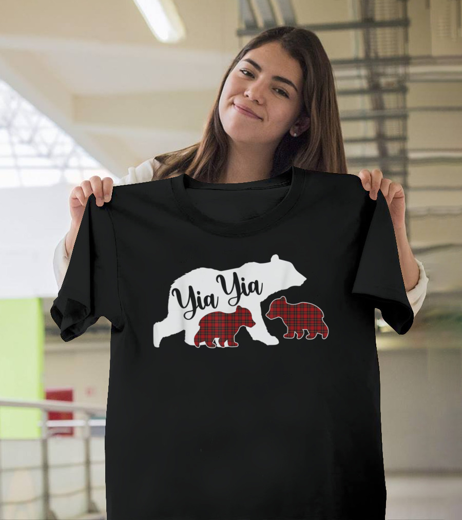 Yia Yia Bear with Two Red Plaid Cubs T-Shirt