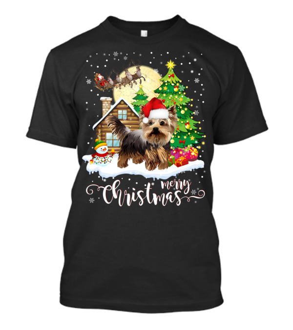 Merry Christmas Yorkshire Terrier Santa Hat Cabin Snowman Tree Sleigh T-Shirt