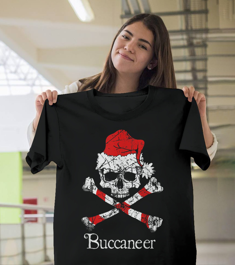 Buccaneer Pirate Christmas Jolly Roger Skull with Santa Hat and Crossed Candy Cane Bones T-Shirt