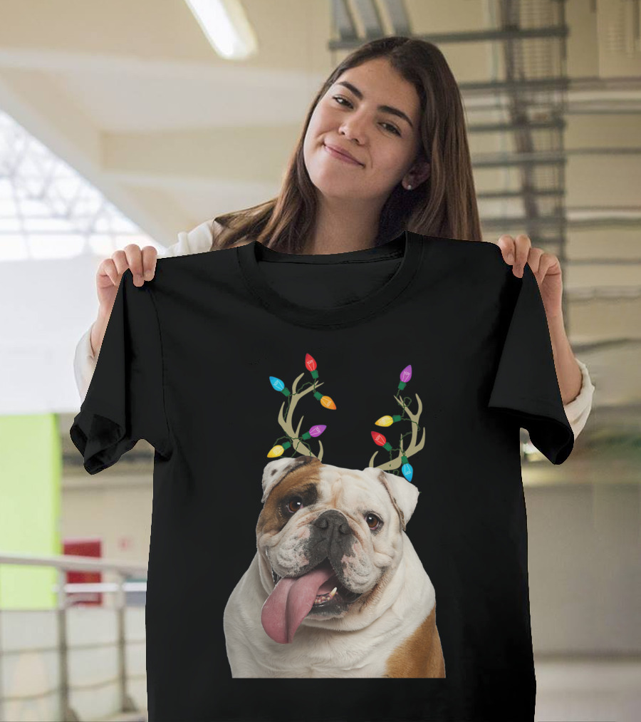 Bulldog Christmas Reindeer Lights Holiday Dog T-Shirt