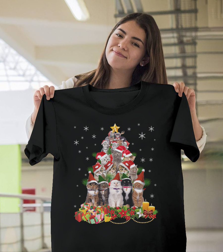 Meowy Christmas Tree Cats with Santa Hats and Presents T-Shirt