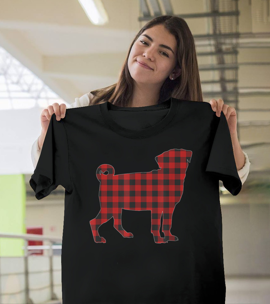 Christmas Pug Dog Red Buffalo Plaid T-Shirt