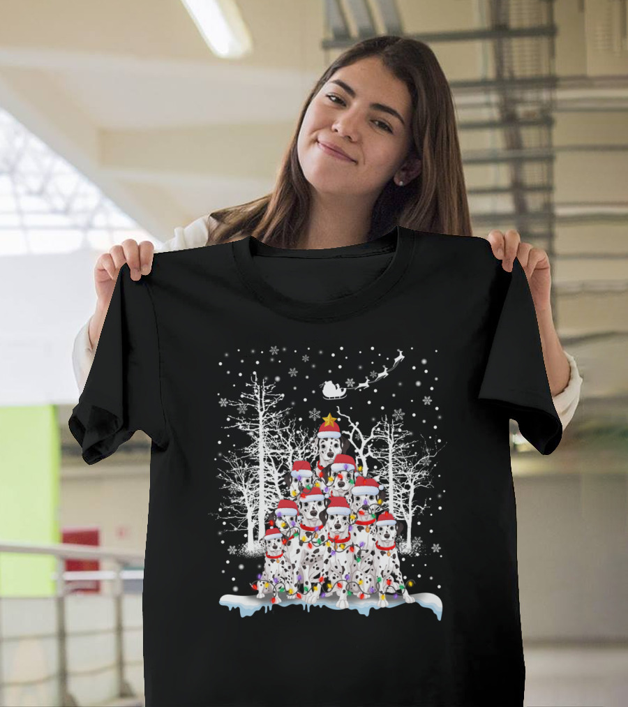 Dalmatian Christmas Tree with Santa Hats and Snowflakes T-Shirt