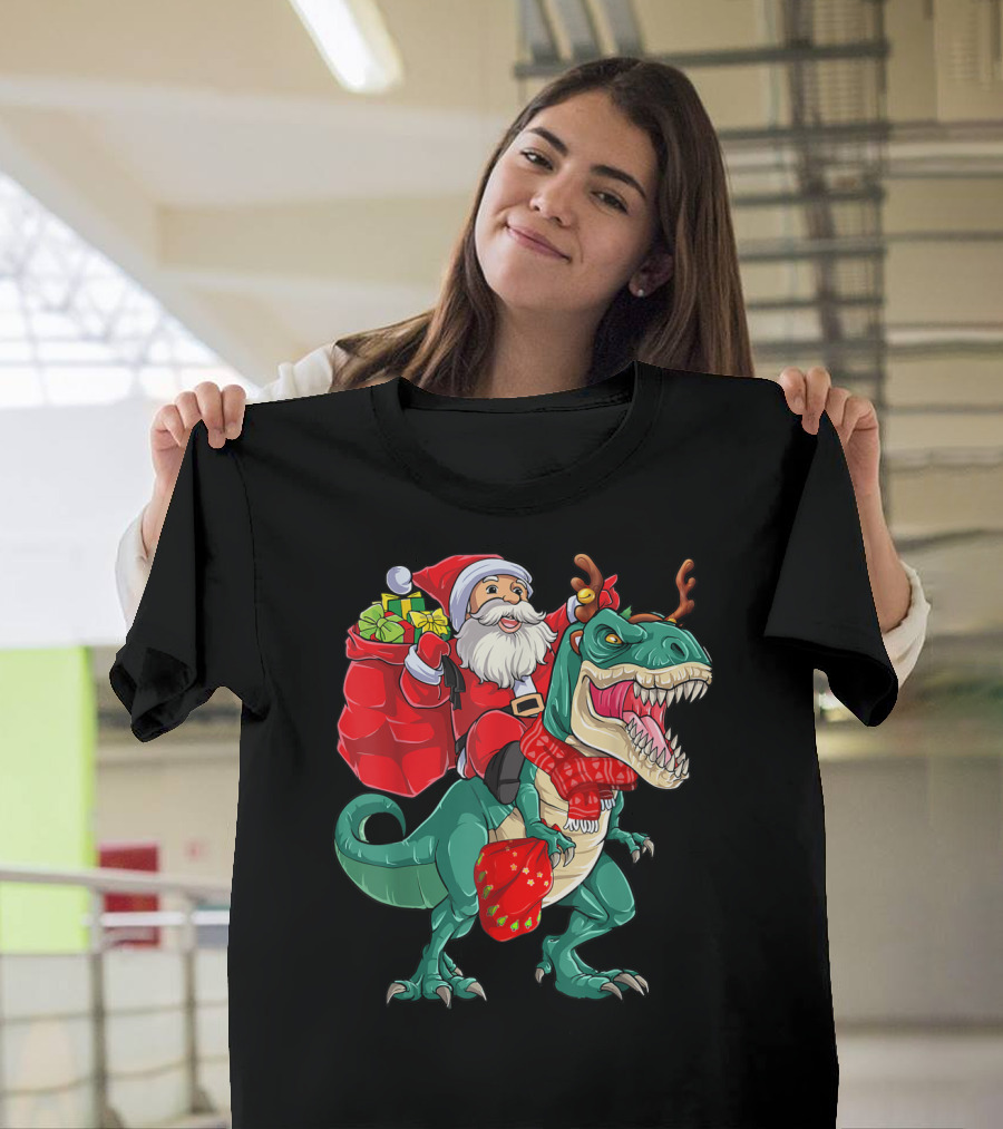 Santa Riding Dinosaur with Christmas Gifts T-Shirt
