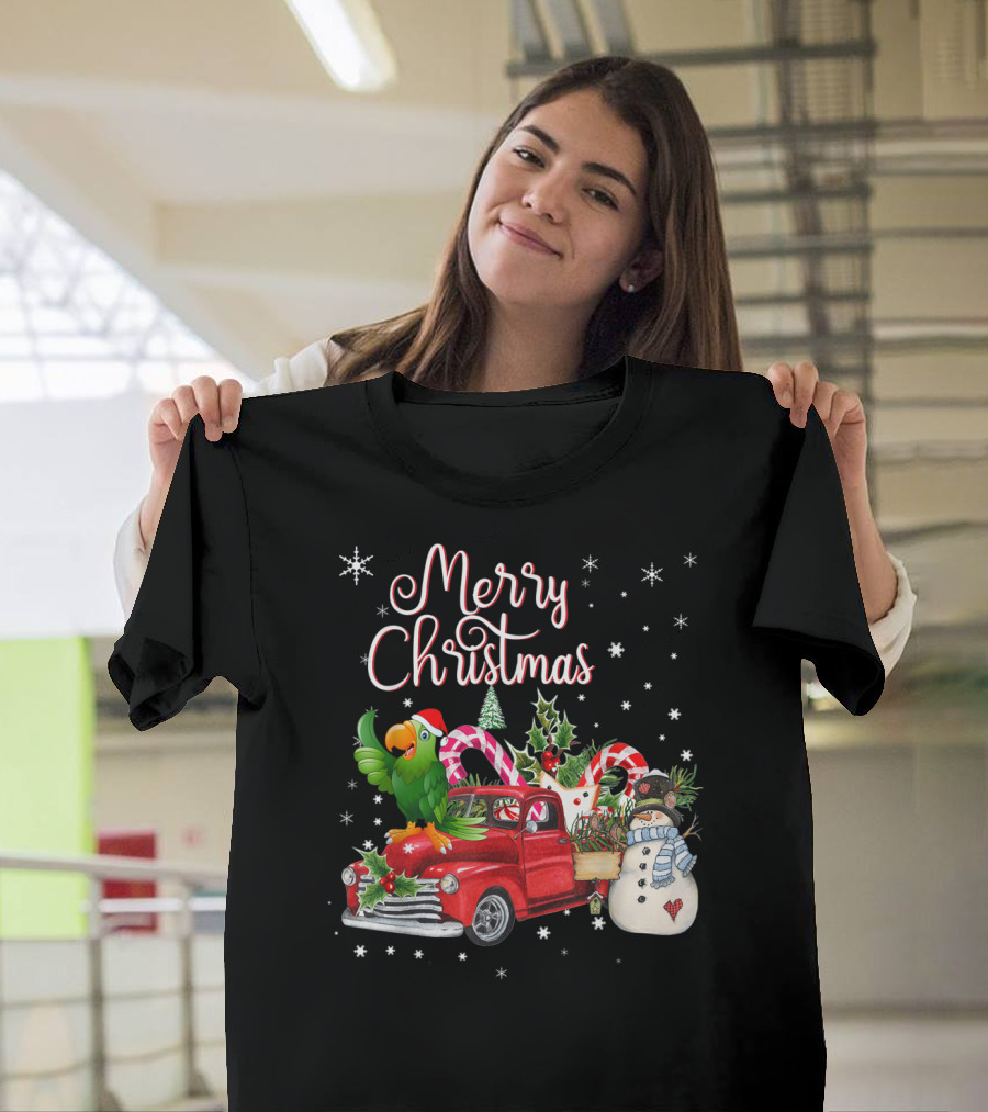 Merry Christmas Parrot on Red Truck with Snowman and Candy Canes T-Shirt