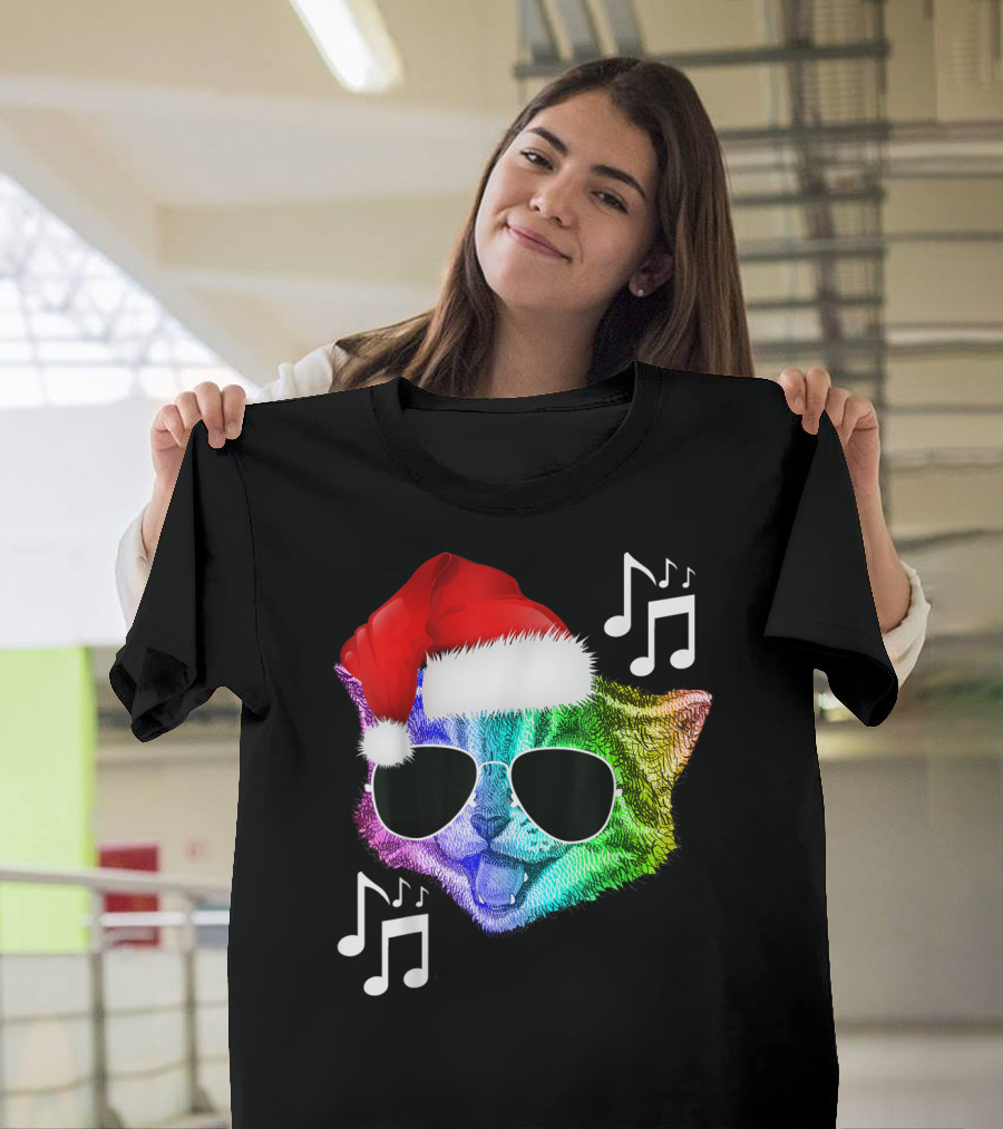 Funny Christmas Colorful Rainbow Music Kitty Cat with Santa Hat and Sunglasses T-Shirt