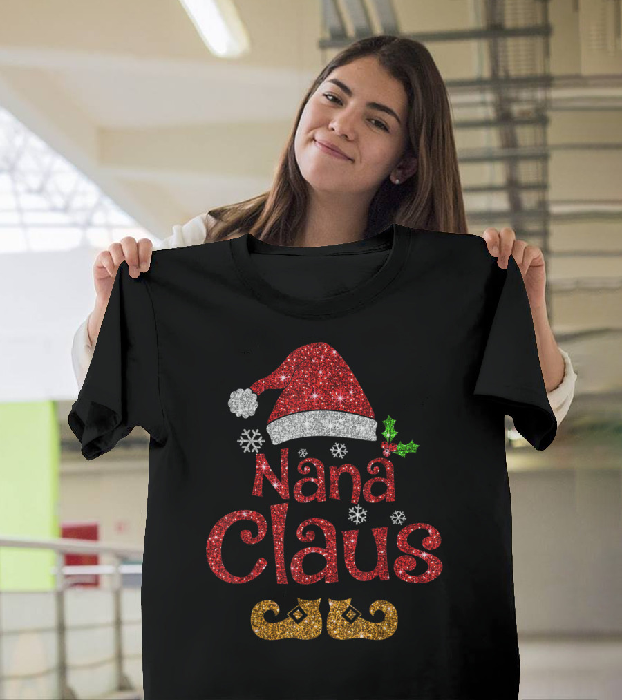 Glittery Nana Claus Santa Hat and Elf Shoes Christmas T-Shirt