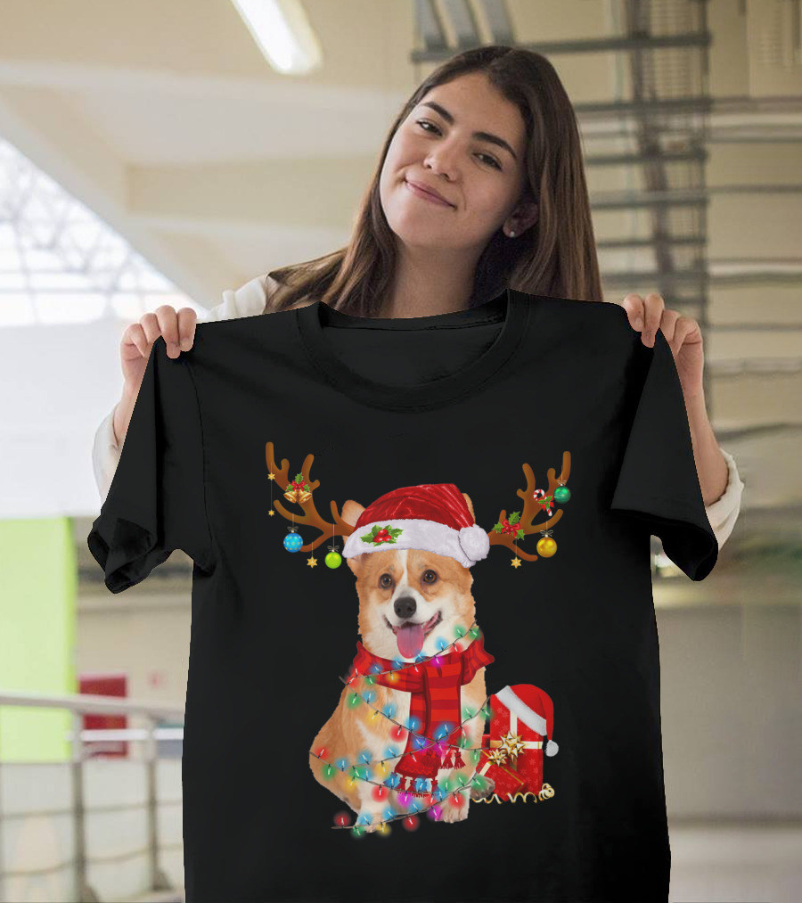 Funny Santa Reindeer Corgi Wrapped in Christmas Lights and Hat T-Shirt