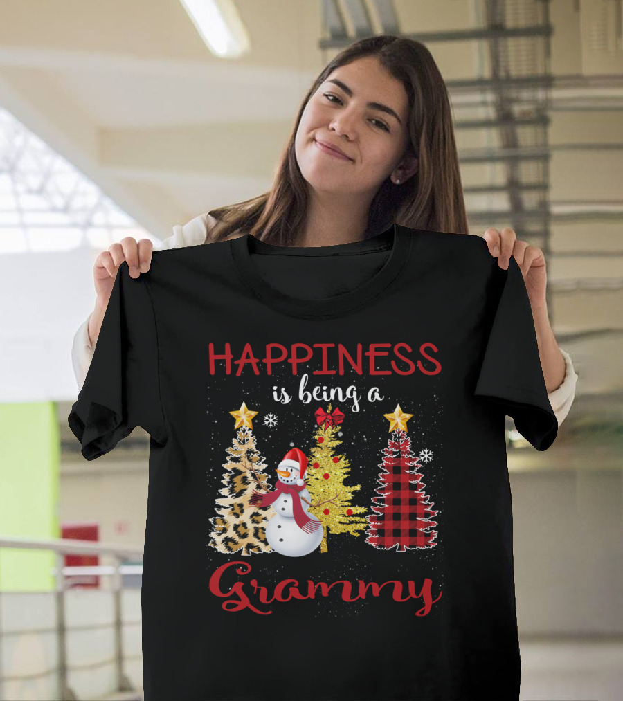 Happiness Is Being a Grammy Snowman Christmas Plaid Leopard Trees T-Shirt