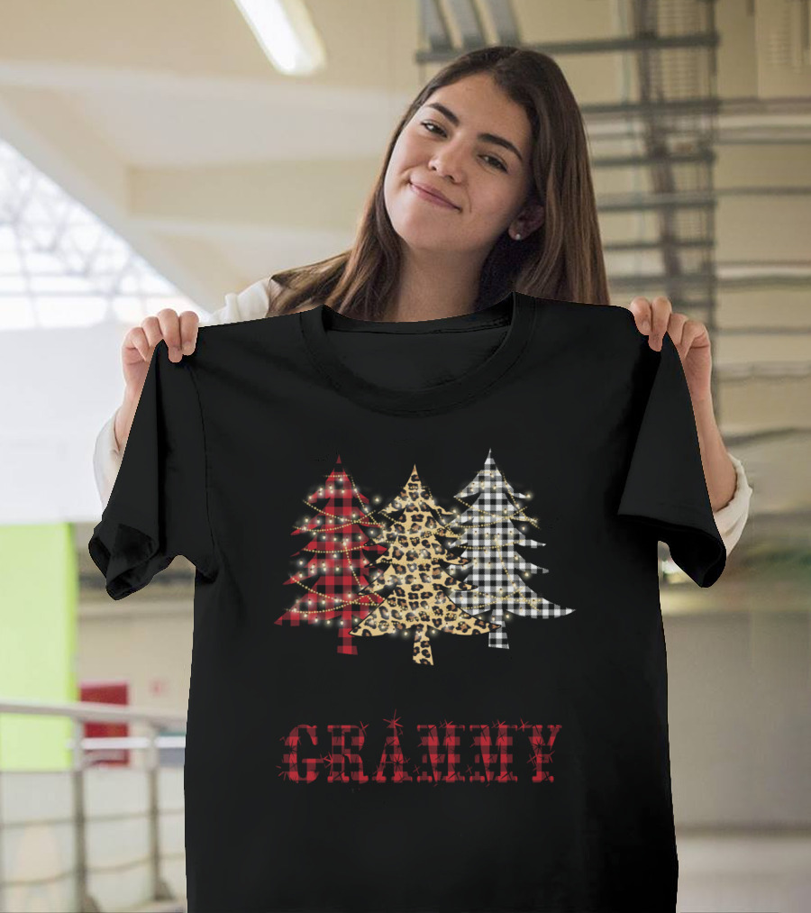Happiness Is Being A Grammy Christmas Tree Buffalo Plaid Leopard Check Print T-Shirt