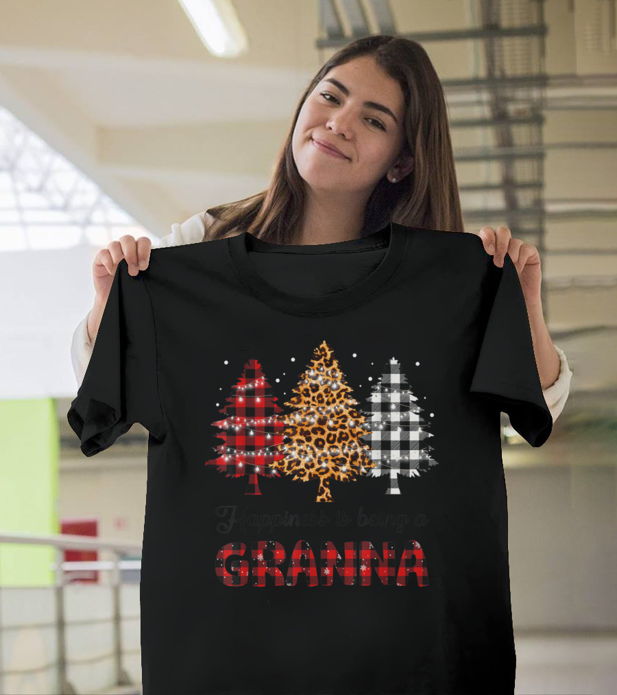 Happiness Is Being A Granna Leopard Plaid Buffalo Check Christmas Trees T-Shirt