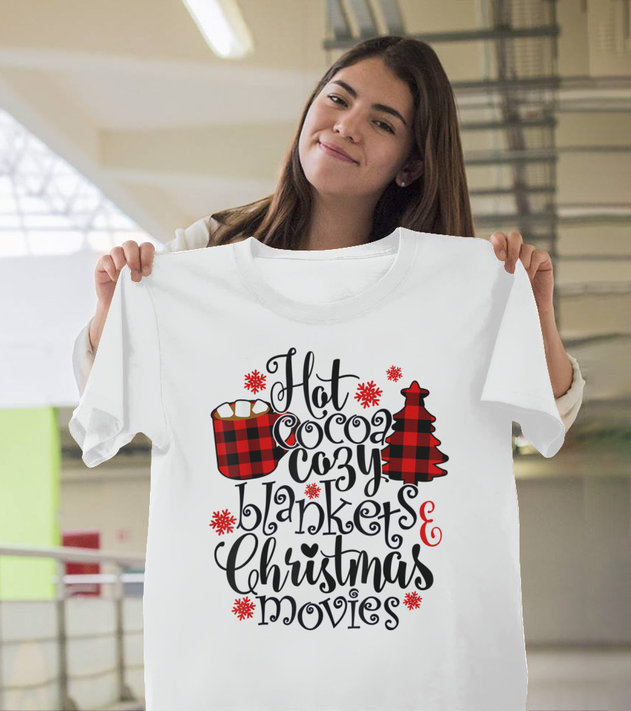 Hot Cocoa Cozy Blankets Christmas Movies Buffalo Plaid Festive T-Shirt