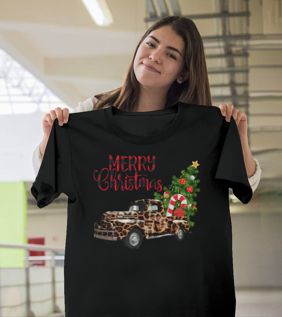 Merry Christmas Leopard Print Truck with Decorated Tree and Candy Cane T-Shirt