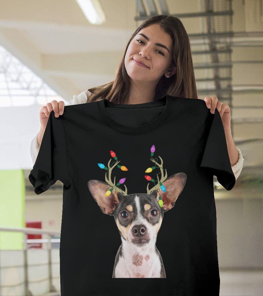 Rat Terrier Reindeer Lights Christmas Dog T-Shirt