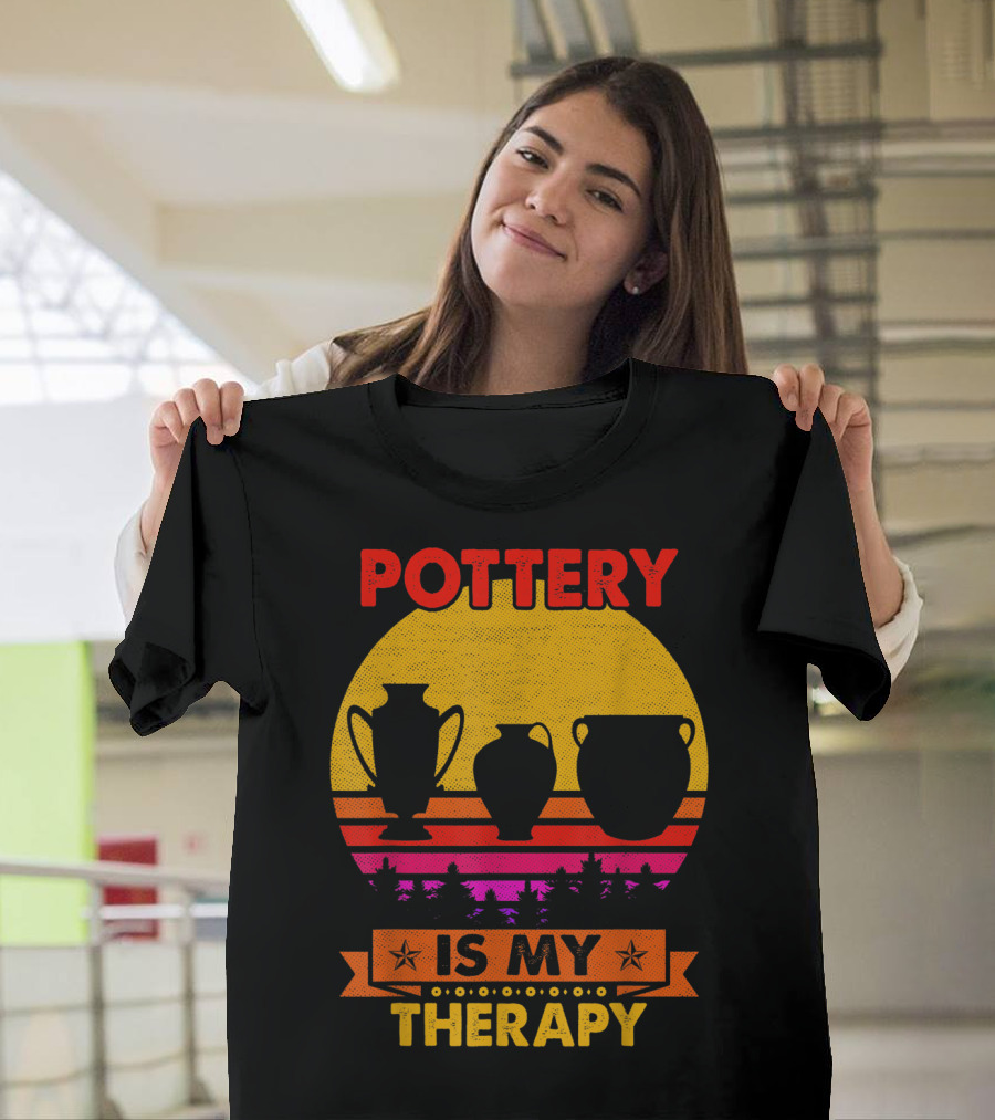 Pottery Is My Therapy Retro Sunset Pottering T-Shirt