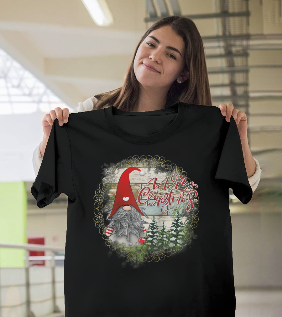 Merry Christmas Santa Claus Garden Gnome Holiday Scene T-Shirt