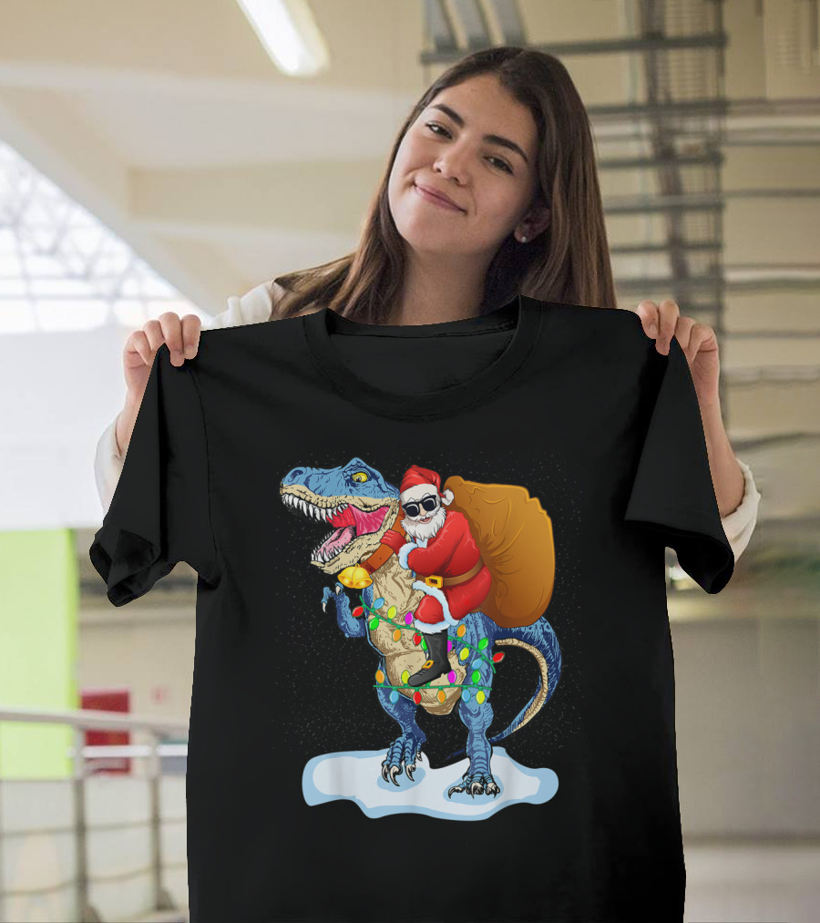 Santa Riding Dinosaur Rex with Christmas Lights and Sack T-Shirt