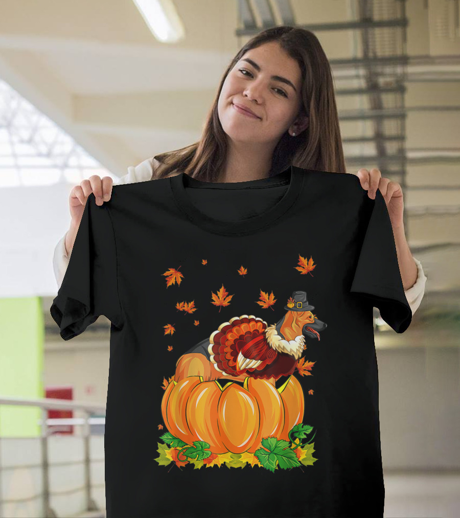 Thanksgiving German Shepherd Dog with Turkey Costume and Pumpkin T-Shirt