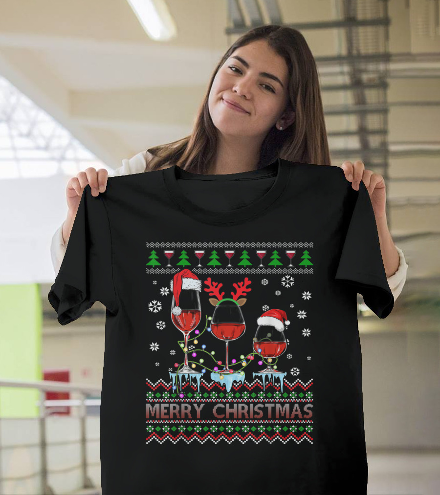 Merry Christmas Three Glasses Of Wine Santa Reindeer Ugly Sweater Lights T-Shirt