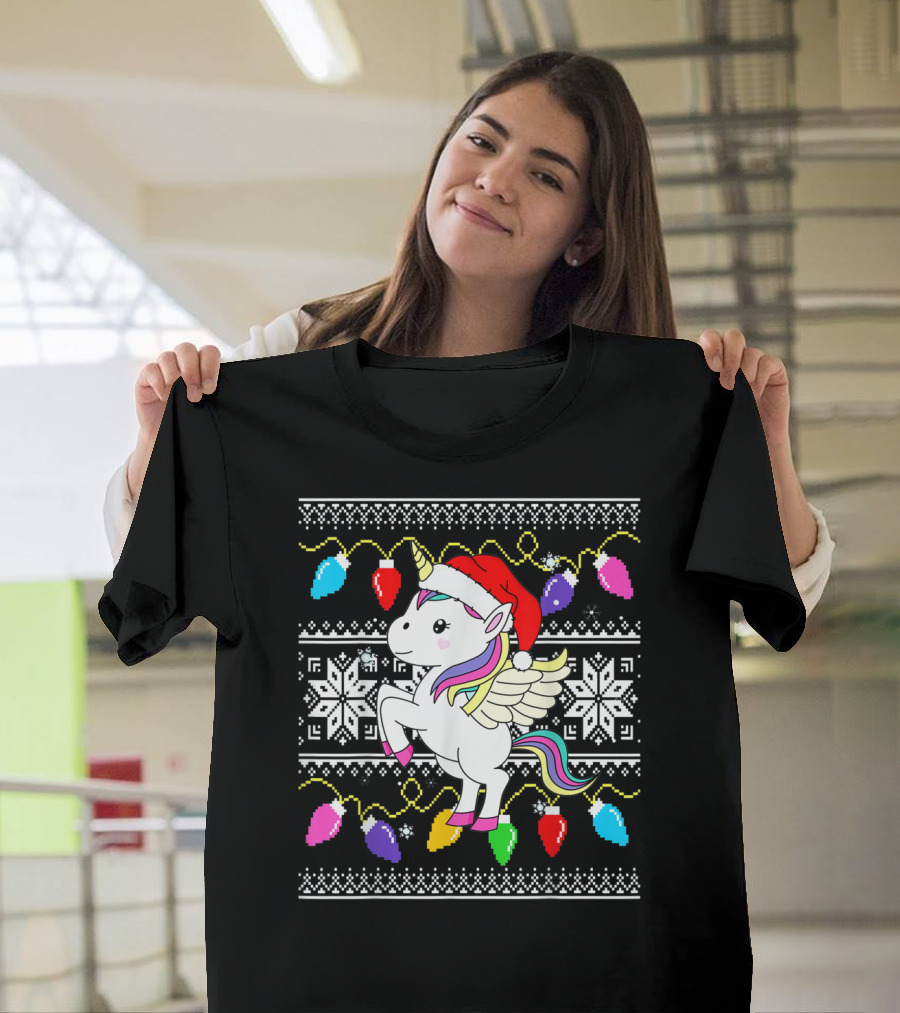 Unicorn Santa Claus Christmas Lights T-Shirt