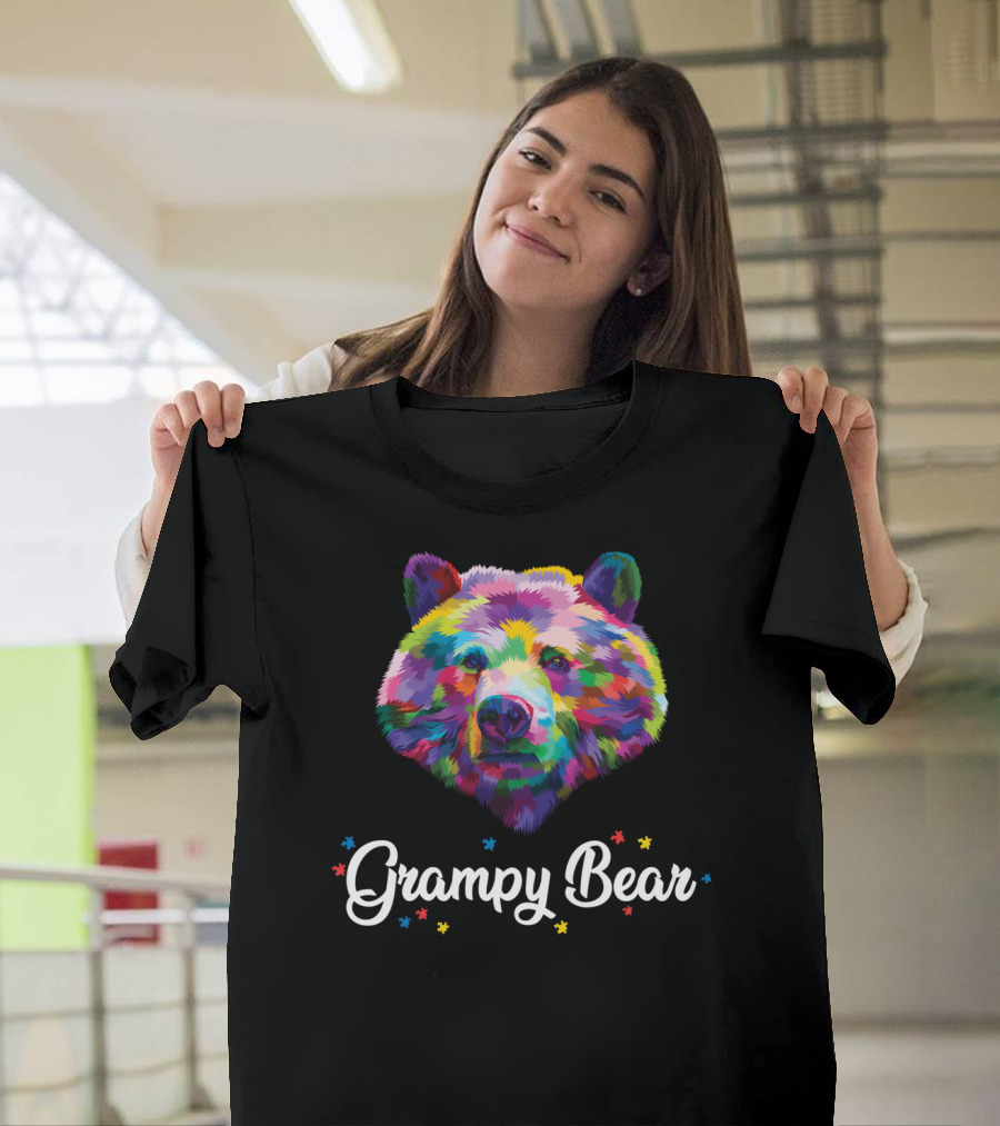 Grampy Bear Autism Proud Colorful Bear Head T-Shirt