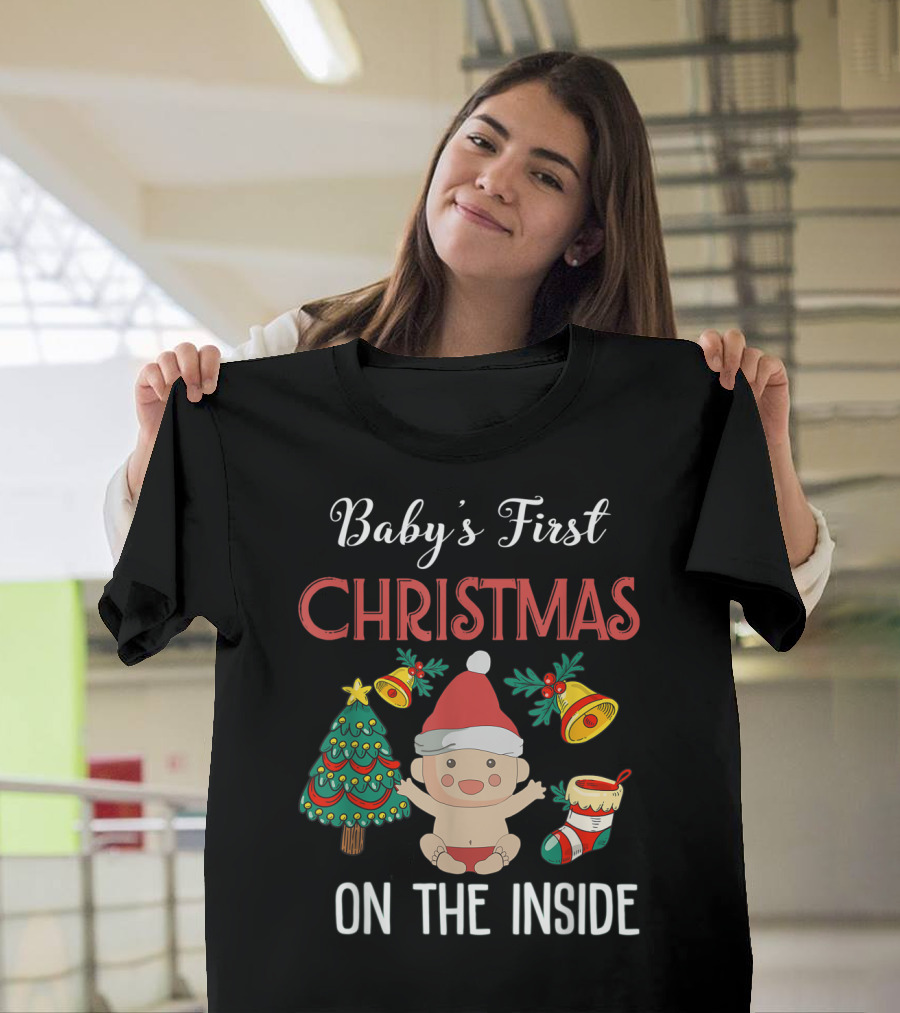 Baby's First Christmas On The Inside Santa Hat Tree Bells Stocking T-Shirt