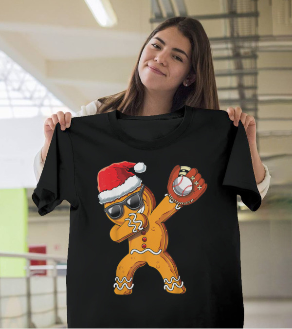 Christmas Dabbing Gingerbread Man With Santa Hat And Baseball Glove T-Shirt
