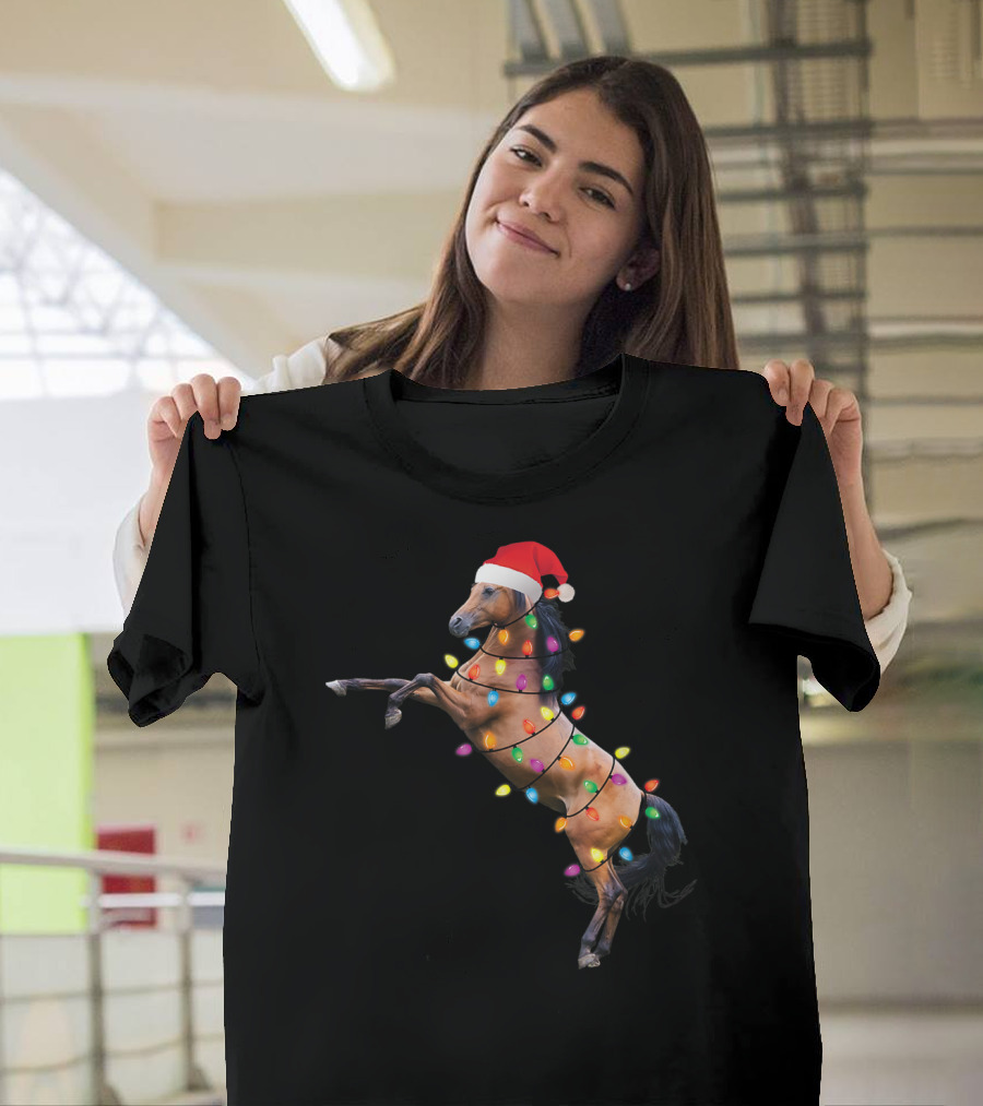 Horse with Christmas Lights and Santa Hat Funny Xmas Tree T-Shirt