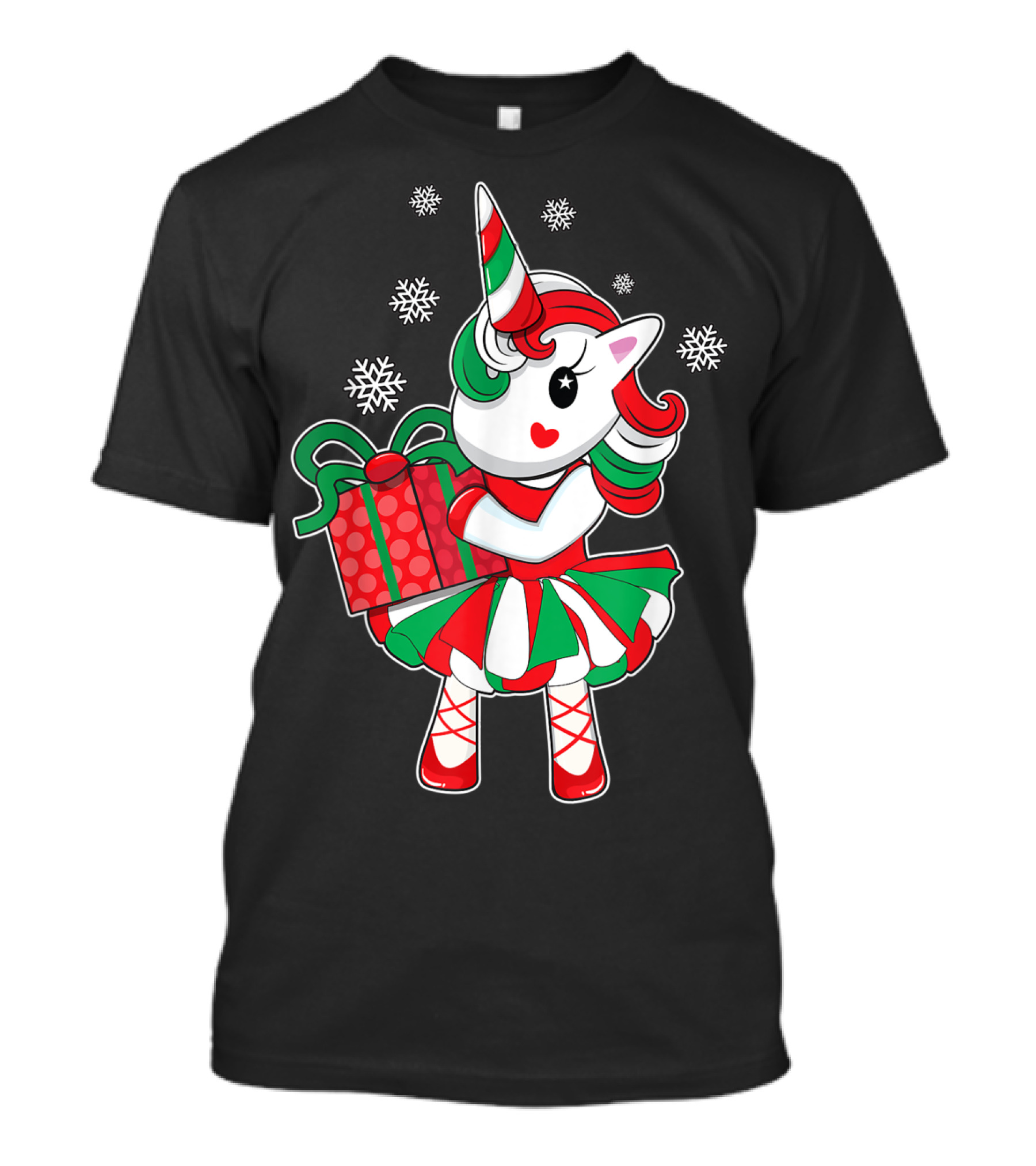 Christmas Unicorn Holding Gift With Snowflakes Fun Girls Kids T-Shirt