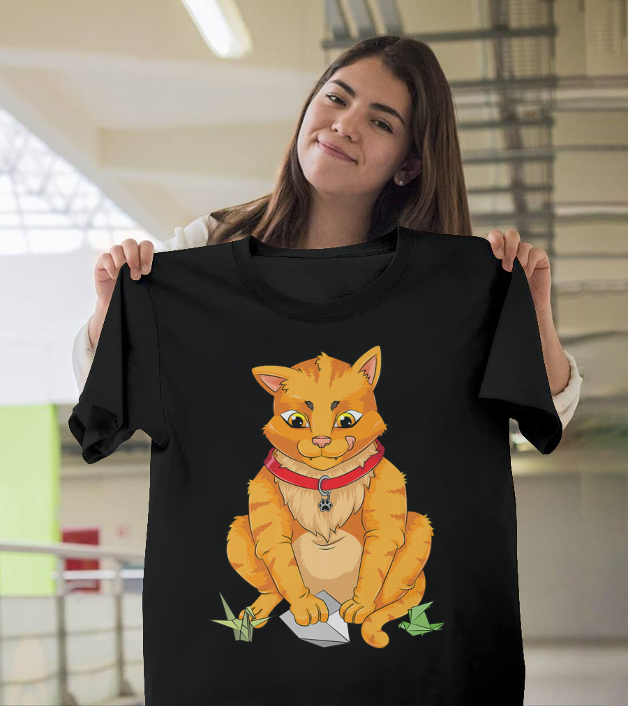 Cute Cat Playing with Origami Paper Planes and Folded T-Shirt