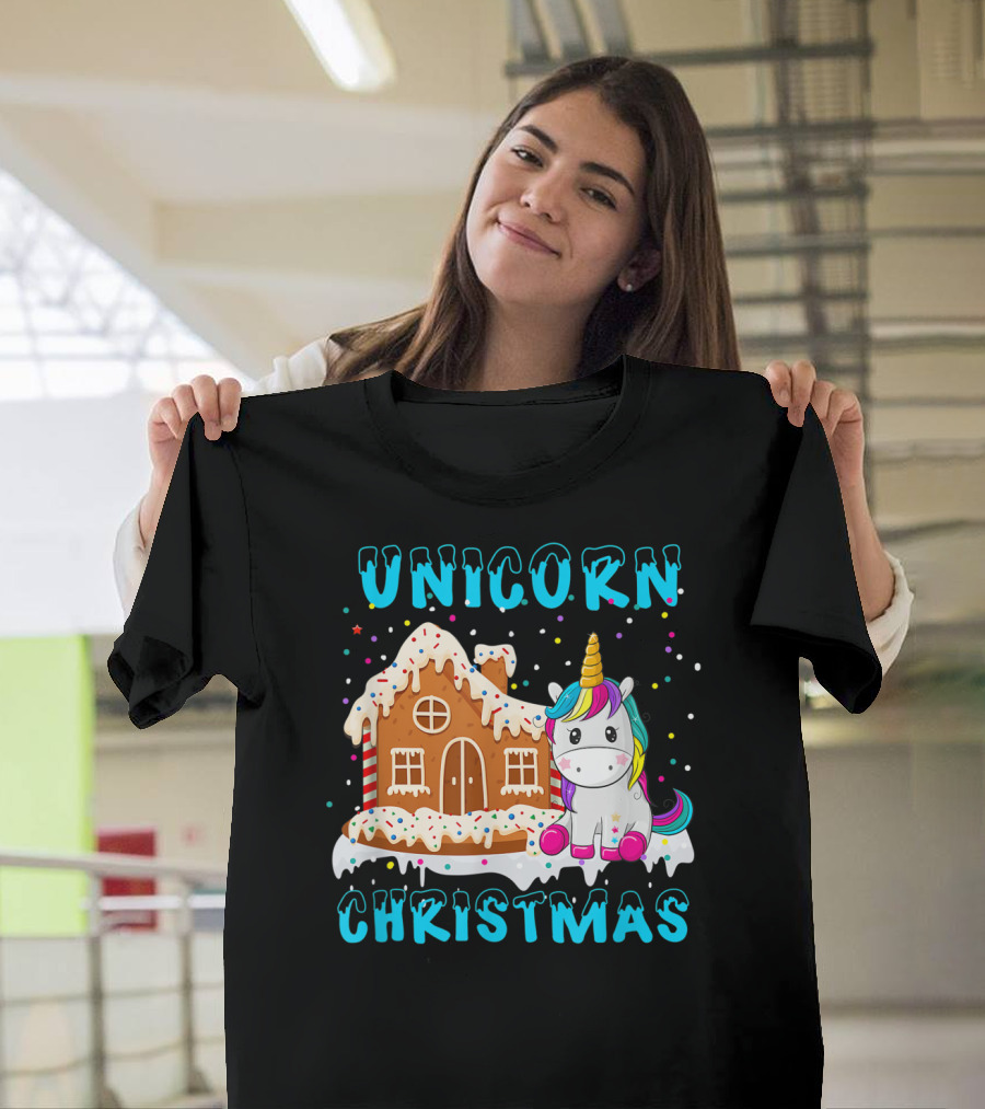 Unicorn Christmas Gingerbread House Funny Merry T-Shirt