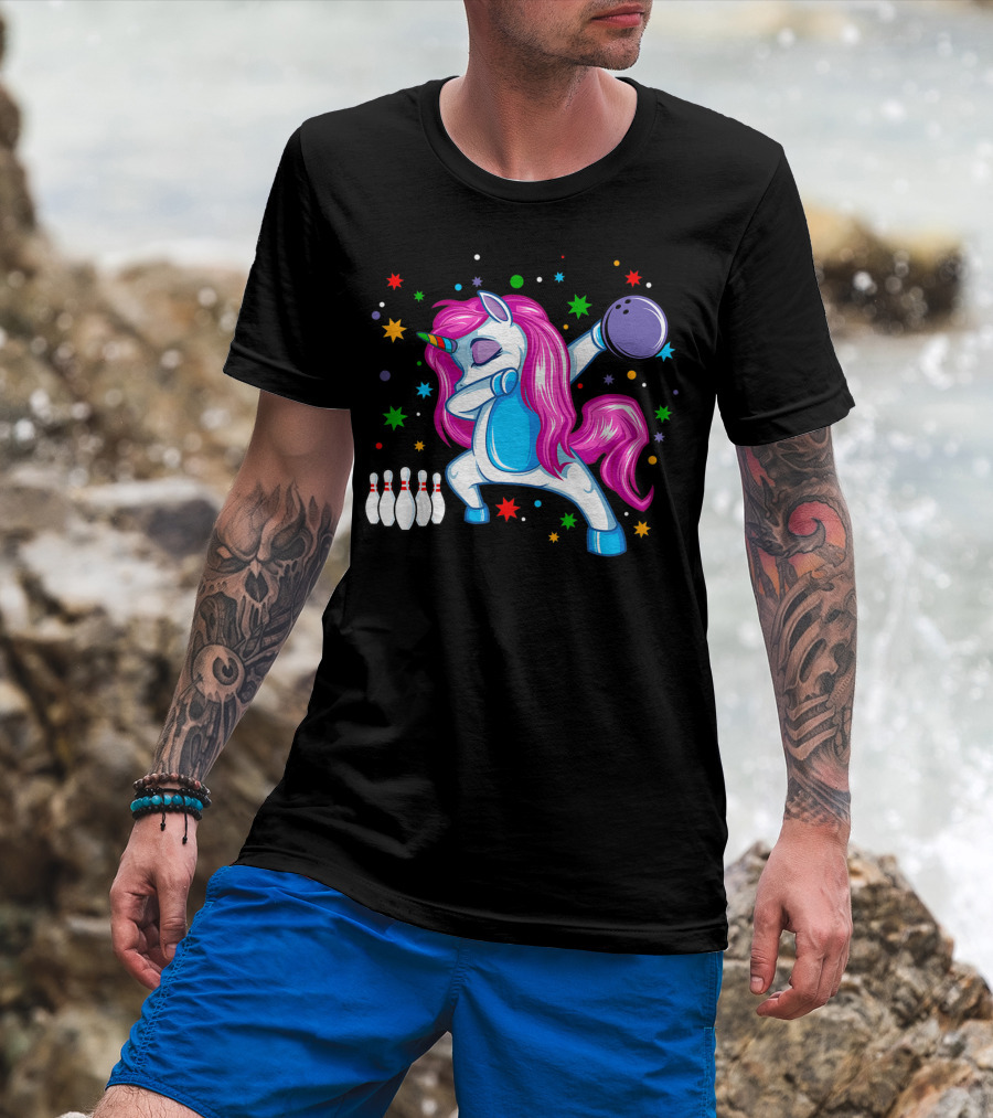 Dabbing Unicorn Bowling Fun Dance Party With Stars And Pins T-Shirt
